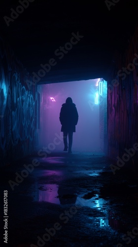Silhouette of a person walking in a dark urban alley with neon lights and fog