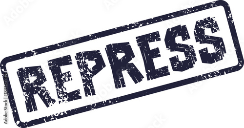 Official REPRESS word on a rectangular blue textured stamp indicating an act of suppression or control