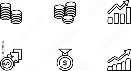 Collection of white finance and business icons on a black background representing growth and investment concepts