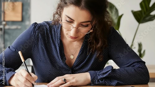 Focused Young Woman with Glasses Reading Notes in Office