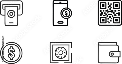 Collection of modern financial technology icons representing digital payments cash transactions and secure transactions on a black background