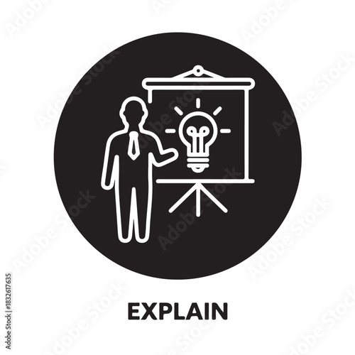 Presentation icon with a person explaining a light bulb idea simple line art vector illustration for business and education isolated on black circle background
