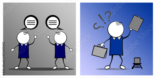 Flat vector illustration of simple stick figures showing two contrasting business situations. Left scene: two stickmen communicating and Right scene: a stick figure overwhelmed