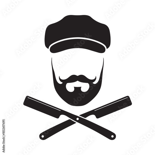 Barber shop logo with a bearded man wearing a cap crossed straight razors vector illustration for branding and design