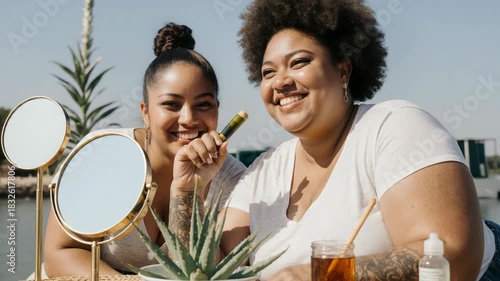 Two Happy Friends Applying Mascara in Bathroom Mirror