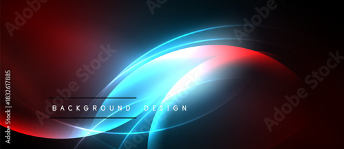 Abstract neon light design. Red, blue, white curves create dynamic visual effect. Dark background enhances glowing elements. Modern, stylish.
