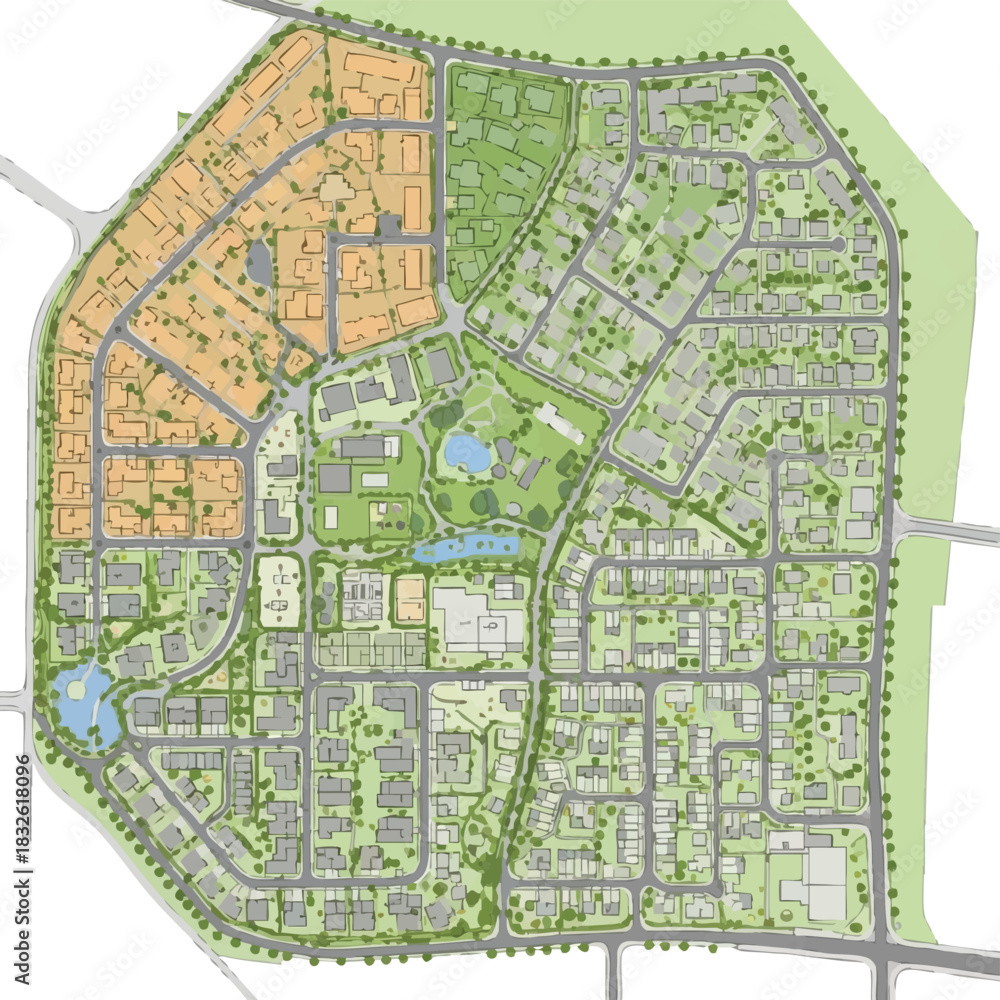 Obraz premium An architectural plan illustrates a detailed urban development layout, showcasing residential areas, green spaces, and infrastructure in a comprehensive design.