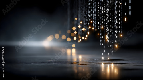 Dynamic binary code streams illuminate a dark future, perfect for tech, science, and futuristic concept illustration, offering a modern edge and visual impact
