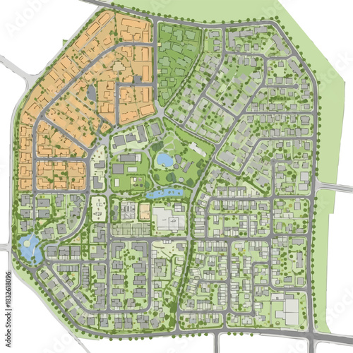 An architectural plan illustrates a detailed urban development layout, showcasing residential areas, green spaces, and infrastructure in a comprehensive design.