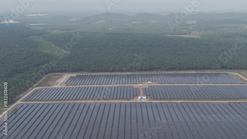 Aerial view of solar panel farm. Green renewable energy resources. Future of sustainable energy generation. Zero pollution concept.