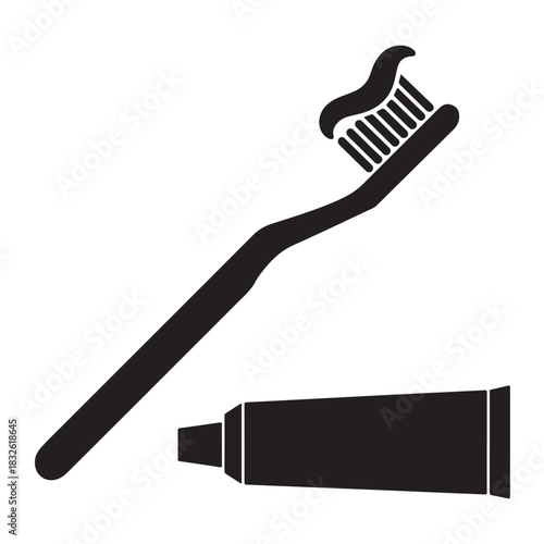 Black and white toothbrush with toothpaste alongside a tube simple vector illustration for dental hygiene and oral care