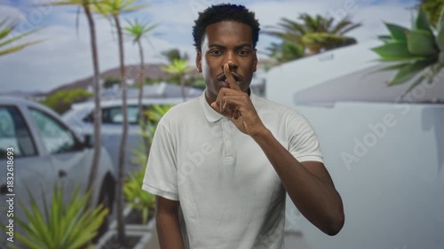 Man finger to lips for silence gesture on street lined with cars and palm trees; quiet calm serenity.
