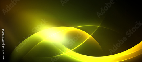 Bright yellow curves radiate from central glow. Dark background emphasizes luminous design, creating dynamic visual effect.