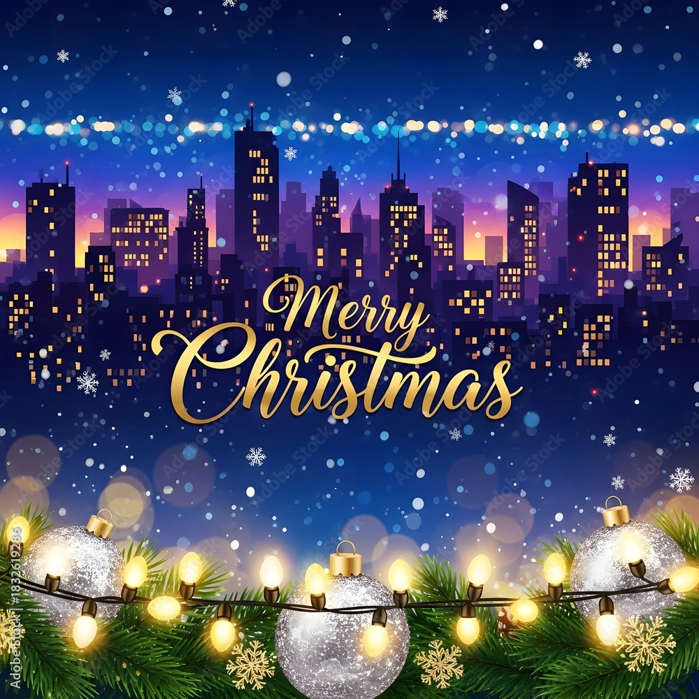 Naklejka premium Festive cityscape with merry christmas lights and ornaments