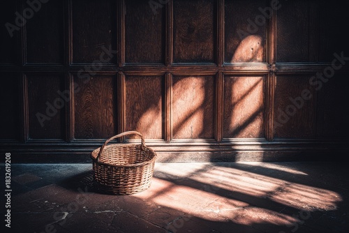 Warm sunlight streams through a big window and onto the polished wooden floors next to a wicker chair in a cozy room