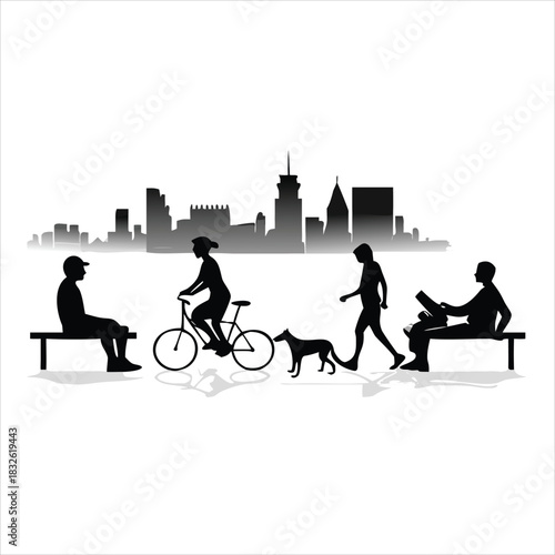 City Park Illustration with People, Dog, Bicycles and Benches Near Pedestrian Street in Business District with Office Buildings and Skyscrapers