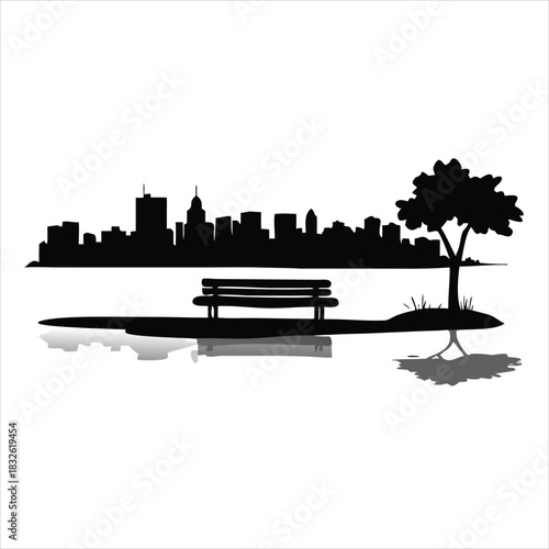 City park with a lake and bench overlooking the downtown skyline. Urban oasis landscape with green nature. Summer cityscape background. Modern flat vector cartoon illustration.