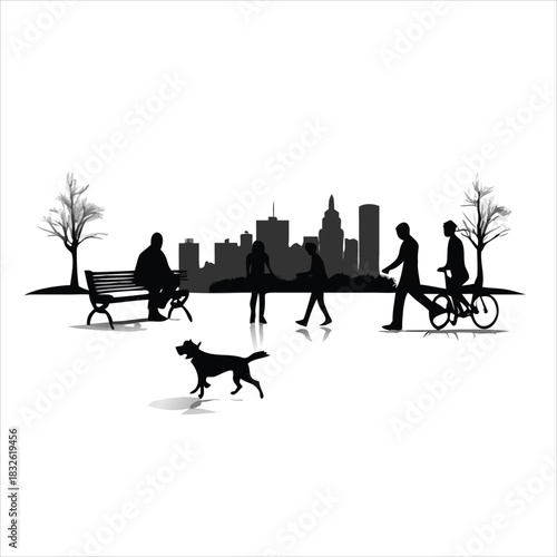 City park with people, dog and bicycles. People in a city park, a runner and a cyclist. Benches in a city park. Pedestrian street, business district of the city with office buildings and skyscrapers