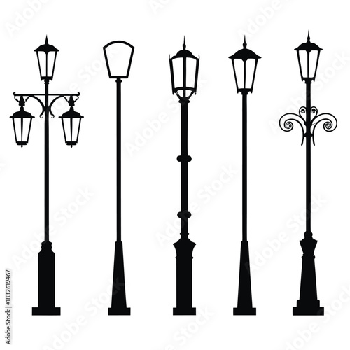 Alley Street Lamp Silhouette – Isolated Vector Illustration on White Background