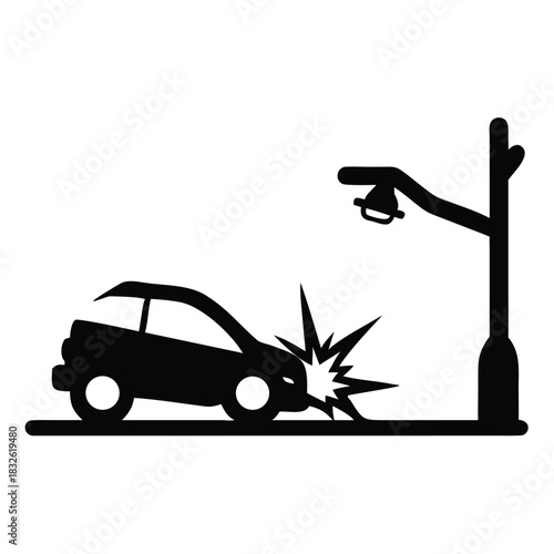 Car accident, damage or crash line icon. Vehicle insurance thin line sign with car crushing in lamppost. Automobile collision, failure simple vector symbol or car damage in disaster, accident  icon 
