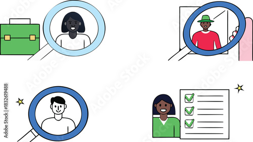 Diverse individuals being analyzed through magnifying glasses and a checklist representing recruitment and evaluation processes