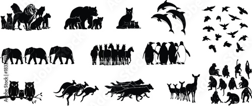 Black and white silhouette collection of diverse animal species for design