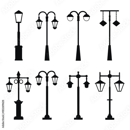 Vintage Street Lamp Post Vector Silhouette Set icon.