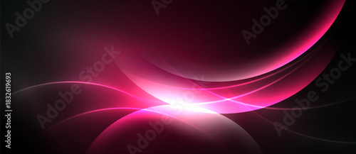 Abstract background features flowing curves, vibrant pink hues, dark shadows. Light radiates from central point creating dynamic effect.