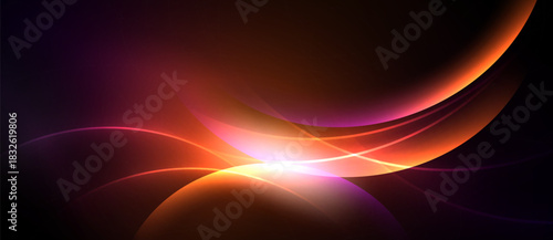 Abstract design features flowing curves, vibrant colors. Warm tones dominate, creating dynamic visual effect. Light radiates from central point.