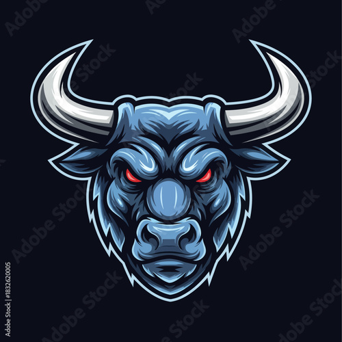 Dramatic stylized depiction of a fierce blue bull with glowing red eyes and
