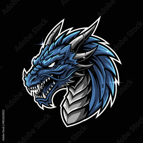 Fierce blue dragon mascot illustration with dynamic design and sharp details