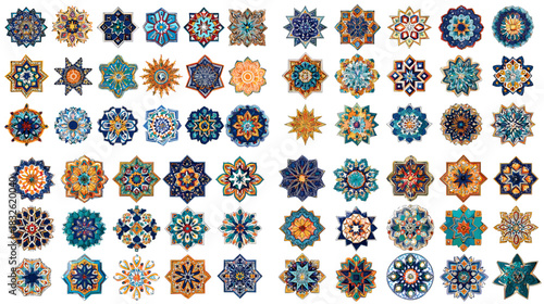 Vibrant decorative star and mandala motifs with geometric symmetry and cultural patterns, ideal for textile design, ornament art, and creative decorative projects.