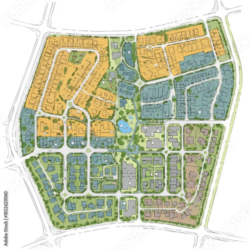 An aerial view showcases a detailed architectural plan of a modern residential community, emphasizing urban design and infrastructure layout.