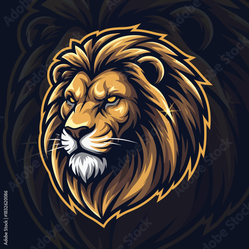 Imposing majestic lion head illustration with detailed mane and fierce