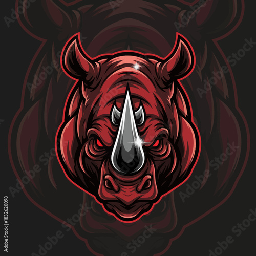 Fierce and stylized illustration of a red rhinoceros head with horns and