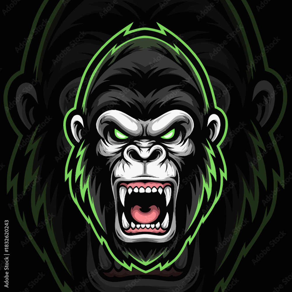 Fototapeta premium Intense roaring gorilla mascot design with vibrant green highlights and fierce