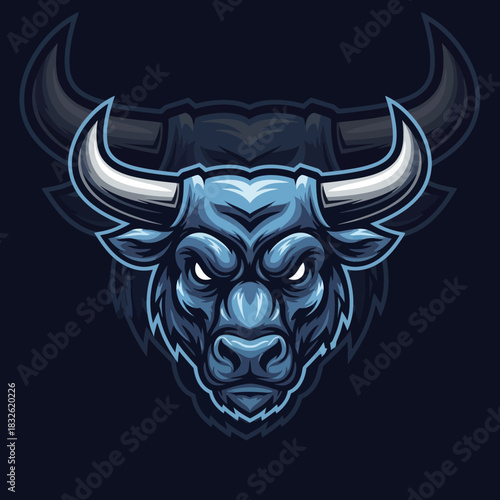 Intense digital illustration of a fierce blue demon bull with glowing eyes and