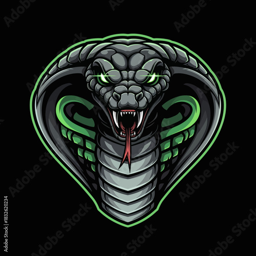 Fierce and menacing black cobra snake with glowing green eyes and fanged mouth