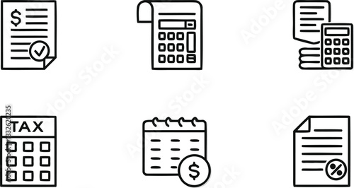 Collection of white finance and accounting icons on a black background including documents calculators and a calendar with a dollar sign