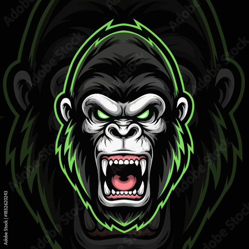 Intense roaring gorilla mascot design with vibrant green highlights and fierce