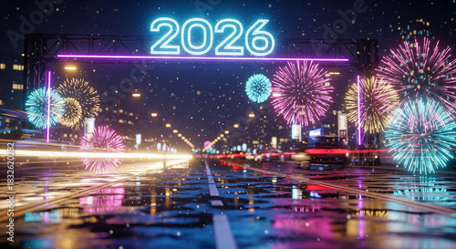 Cityscape at night with fireworks celebrating the year 2026 a vibrant and festive scene perfect for New Years promotions