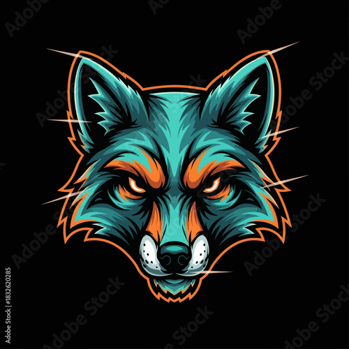 Vivid digital illustration of a fierce wolf's face with striking orange and