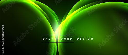 Bright green abstract waves form elegant design. Dark background emphasizes luminous curves, creating modern visual impact.