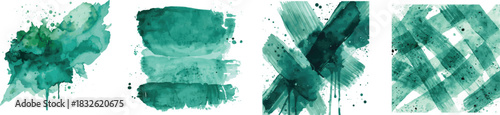 Overlapping green and teal watercolor brush strokes set with splatters and drips on a white background.