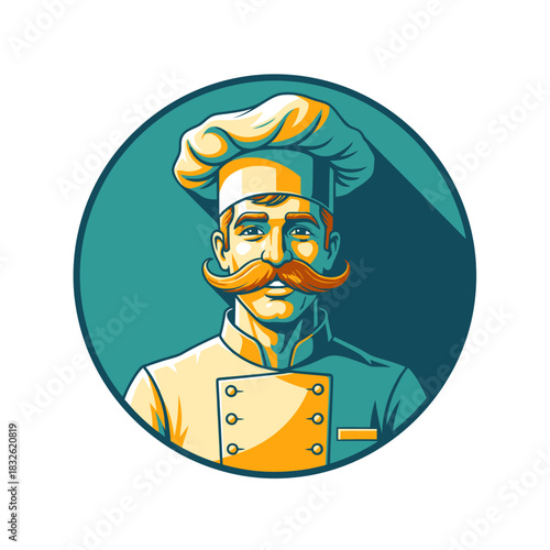 Stylized Illustration of a Classic Chef with a Curled Mustache and Traditional