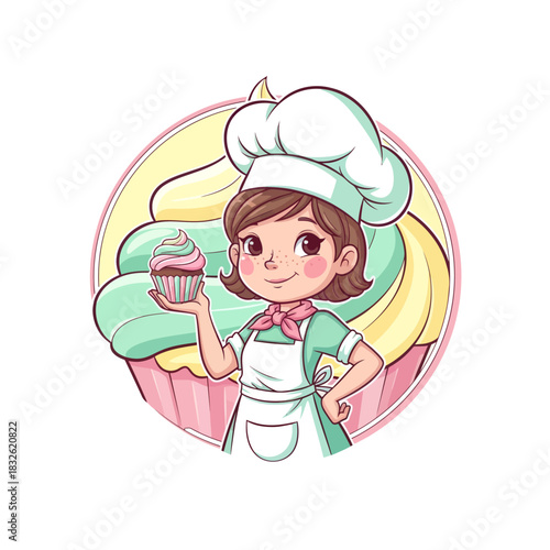Charming animated baker girl holding a colorful cupcake with playful