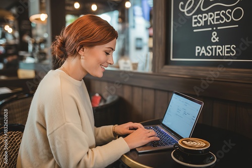 Wallpaper Mural Young woman with red hair focused on her laptop in a cozy cafe enjoying a coffee and pastries Torontodigital.ca