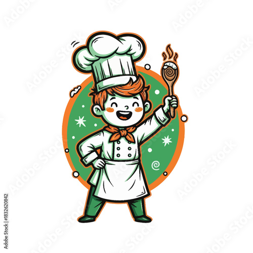Playful cartoon chef character with a cheerful expression in a vibrant cooking