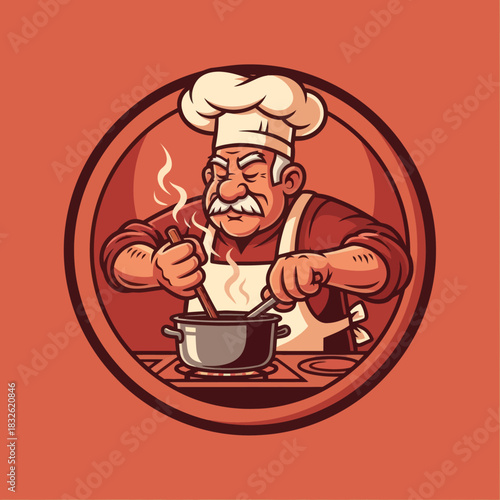 Humorous illustration of an elderly chef stirring a steaming pot with a