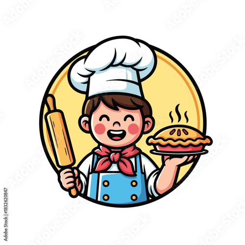 Playful cartoon chef preparing a delicious pie with a rolling pin and a joyful